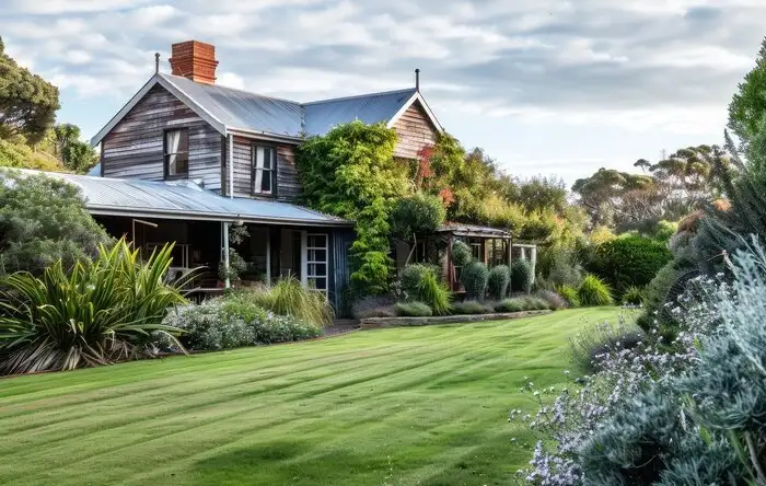 Modern Australian house & garden featuring native plants and seamless indoor-outdoor living space with sustainable design elements