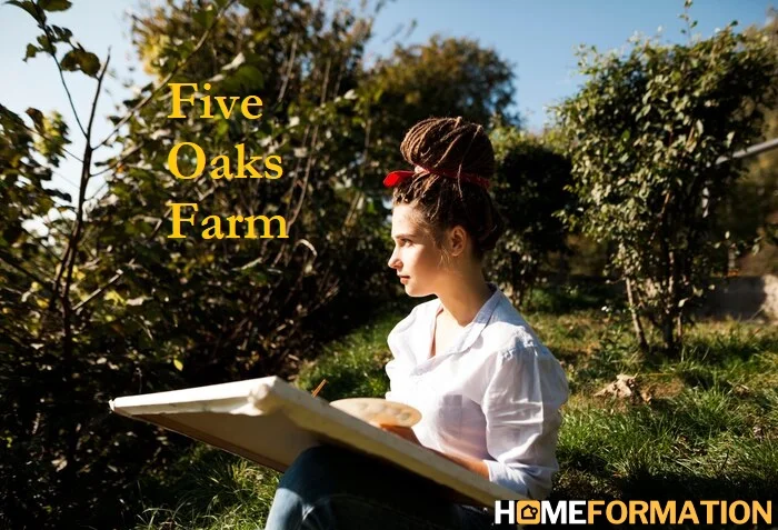 Five Oaks Farm entrance showing organic vegetable gardens and heritage breed livestock grazing on sustainable pastures