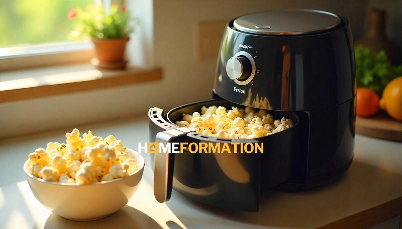 Golden, freshly made popcorn in the air fryer with light seasoning, served in a white bowl for movie night snacking