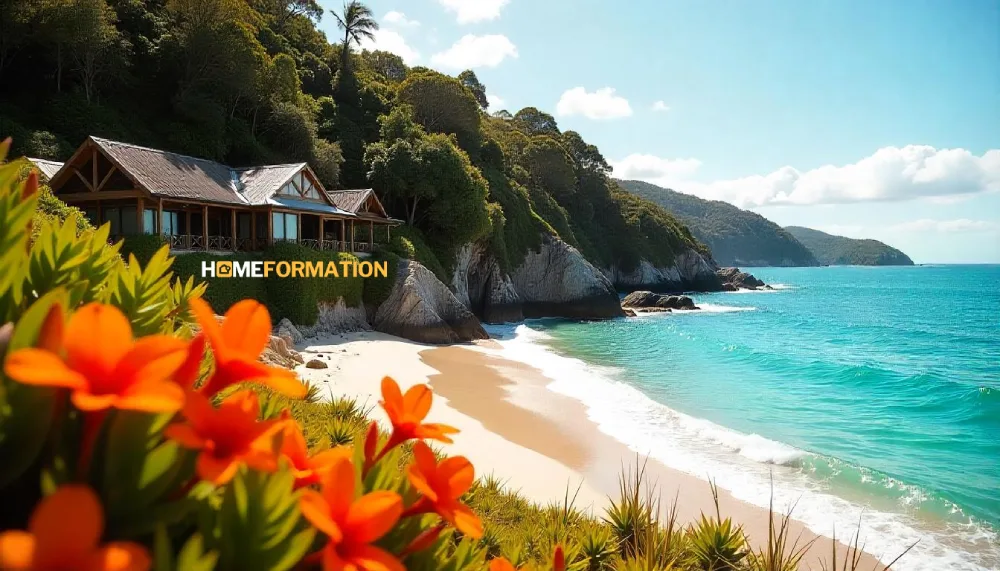 Beachfront cabins at Cape Trib Beach House nestled between rainforest and turquoise ocean in Queensland, Australia