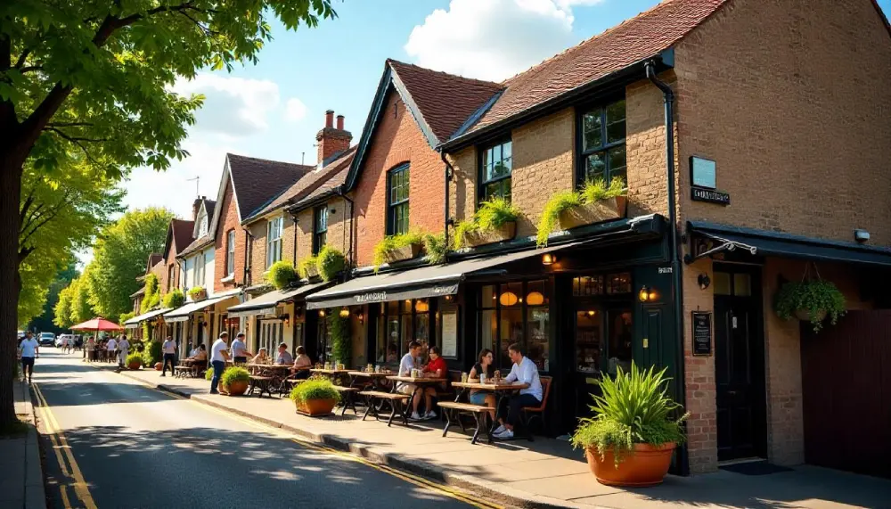 The sun-drenched beer garden at Public House Petersham with craft beers and wood-fired pizza being served to patrons