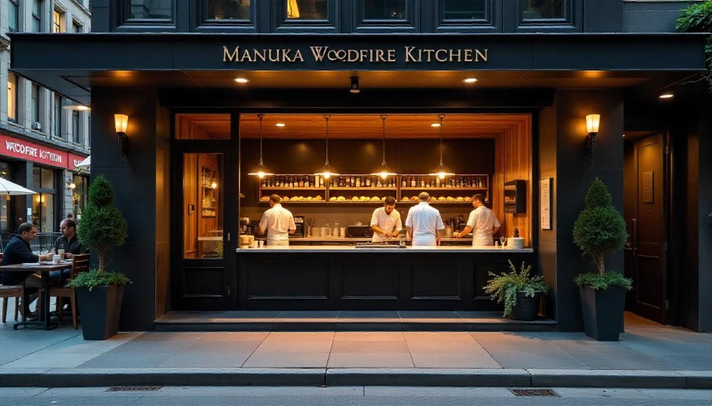A cozy backyard setup showcasing a Manuka Woodfire Kitchen with rustic wooden counters, a built-in woodfire oven, and grilling tools under string lights.