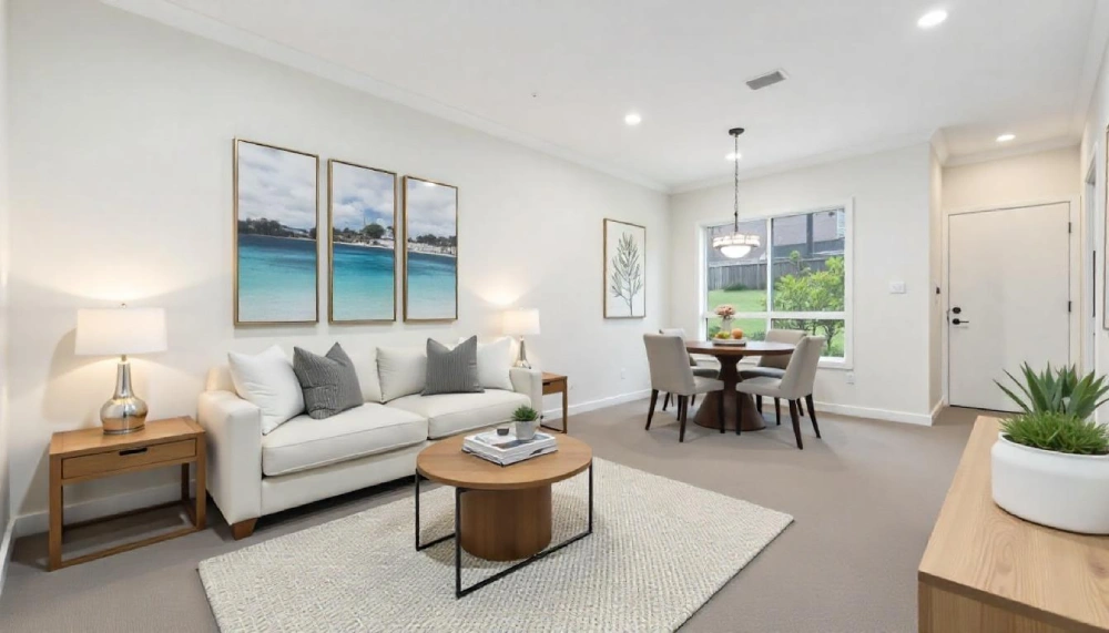 A cozy, modern living room in Truganina featuring affordable decor under $100, showcasing smart storage solutions and trendy accents for small spaces.