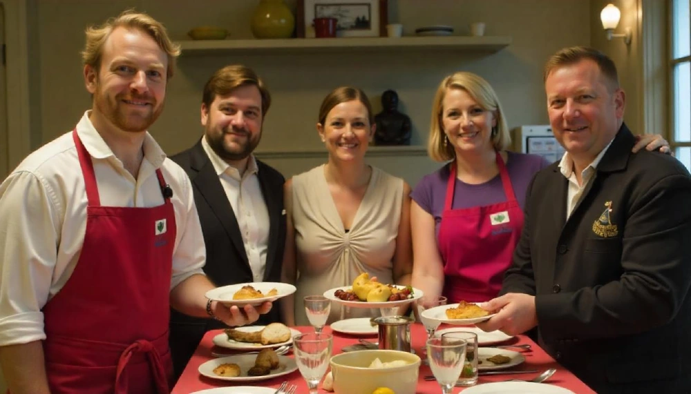 Promotional image showcasing the cast of How to Make Gravy, including Daniel Henshall as Joe, Brenton Thwaites as Dan, and Hugo Weaving as Noel.