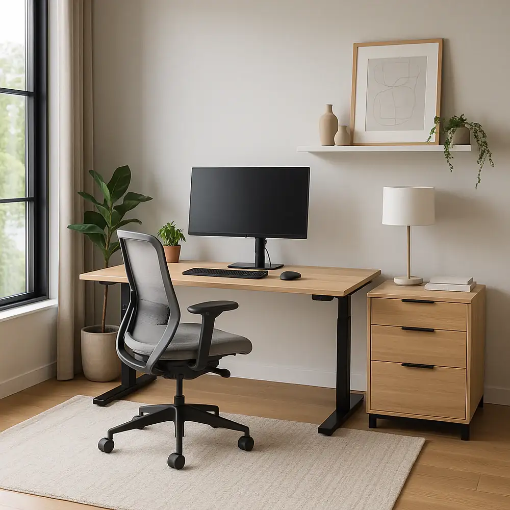 Modern home office setup with ergonomic chair, sit-stand desk, and indoor plant for wellbeing