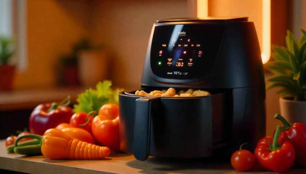 A sleek Kitchen Couture air fryer in a modern kitchen setting, highlighting its digital display and multifunctional cooking capabilities.