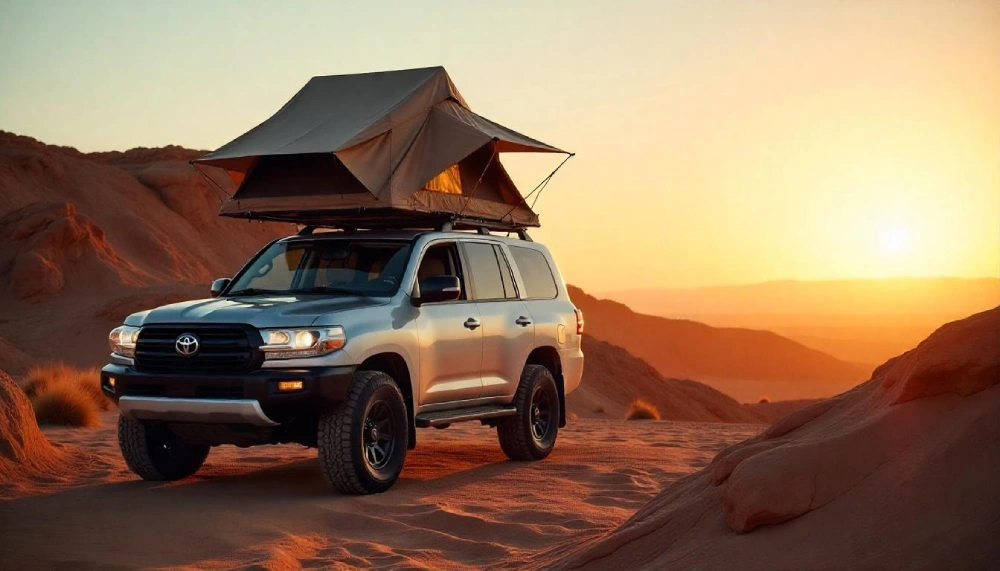 4WD vehicle parked in the wild, equipped with a Drifta roof top tent set up for camping under the stars, showcasing its rugged and compact design.