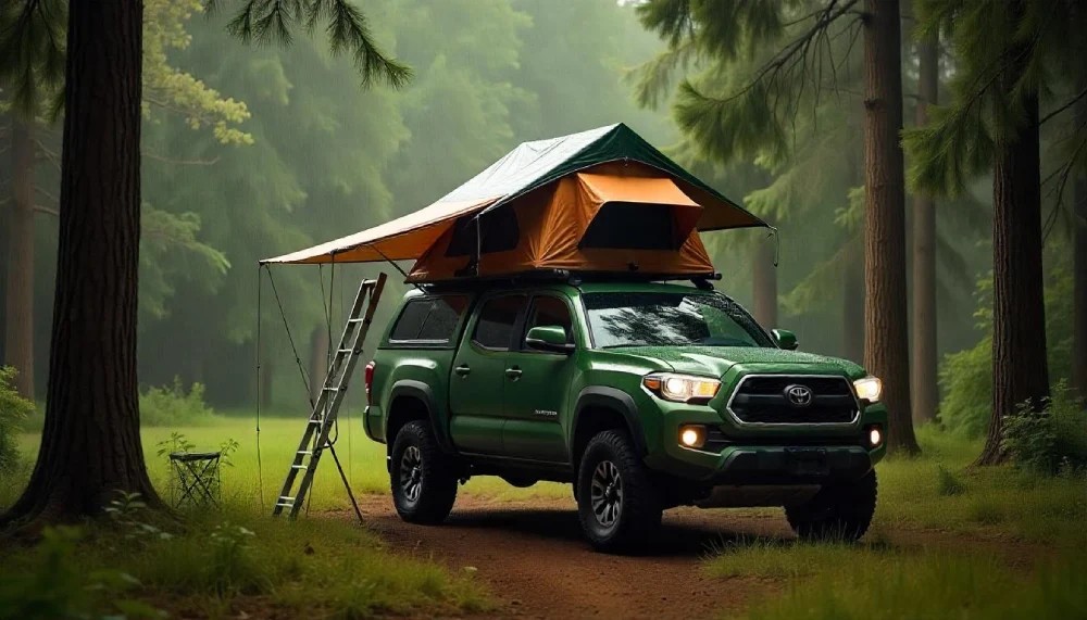 A rugged SUV parked in the wilderness with the motop roof top tent fully set up on top, showcasing its sturdy frame and spacious interior at sunset.