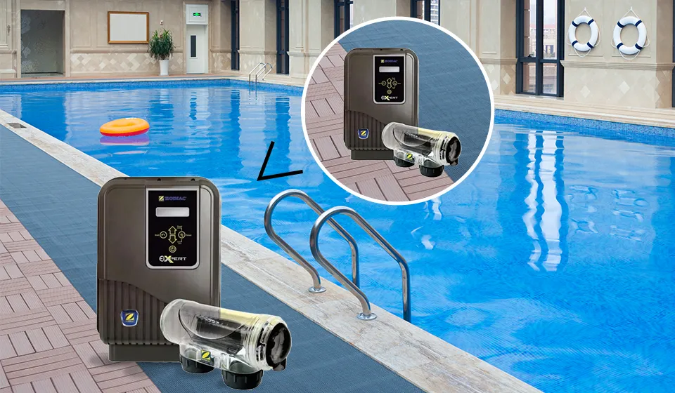 Modern backyard pool equipped with a Salt Water Pool Chlorinator system for crystal-clear, low-chemical swimming water.