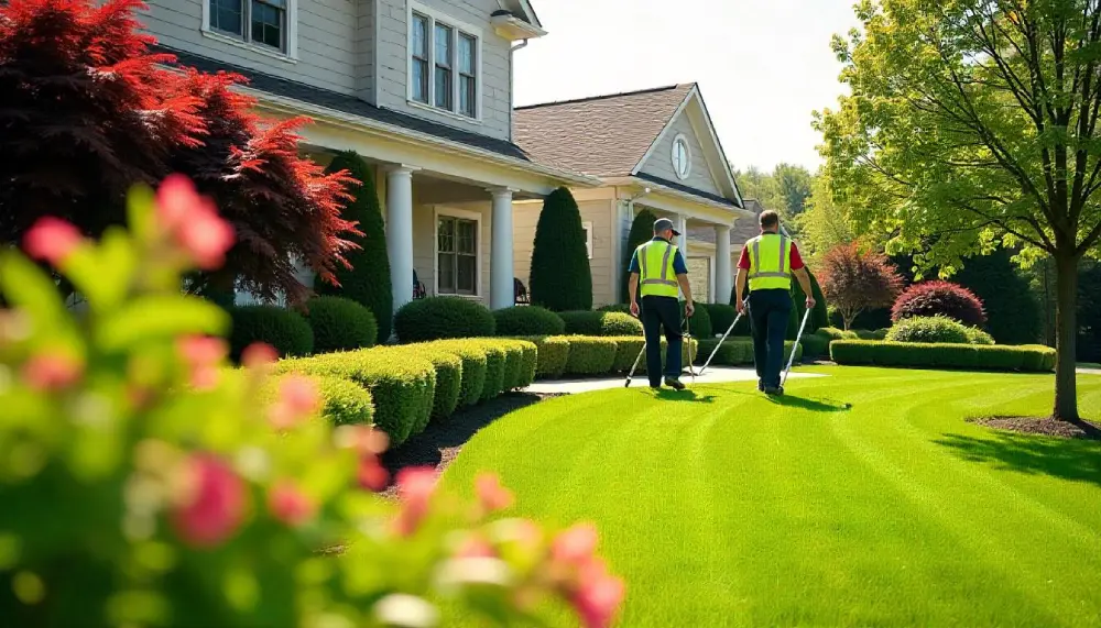 A beautifully designed backyard with lush greenery and stone pathways, showcasing expert work by steve jones landscaping.