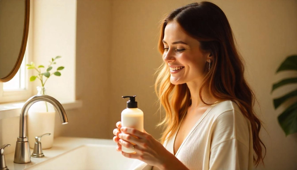 Woman gently washing her hair with Sulphate-Free Shampoo in a bright, modern bathroom—emphasizing a clean and natural hair care routine.