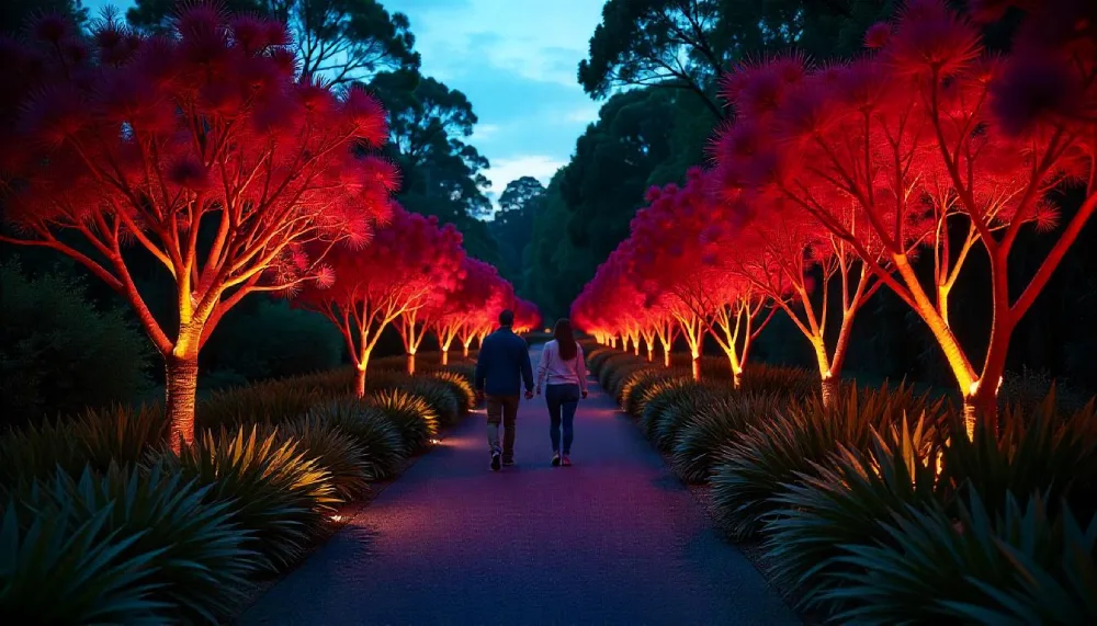 A vibrant Waratah landscape featuring blooming Waratah flowers, native shrubs, and a natural stone pathway creating a bold and eco-friendly garden design.