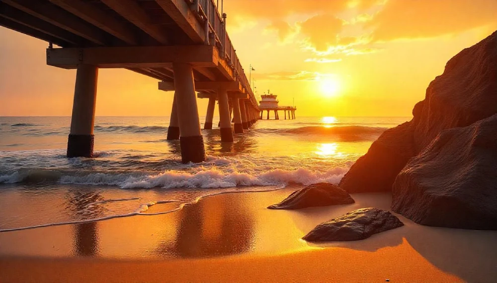 A scenic view of Black Rock Jetty stretching into the ocean, with clear blue skies, calm waves, and visitors enjoying fishing and seaside activities.