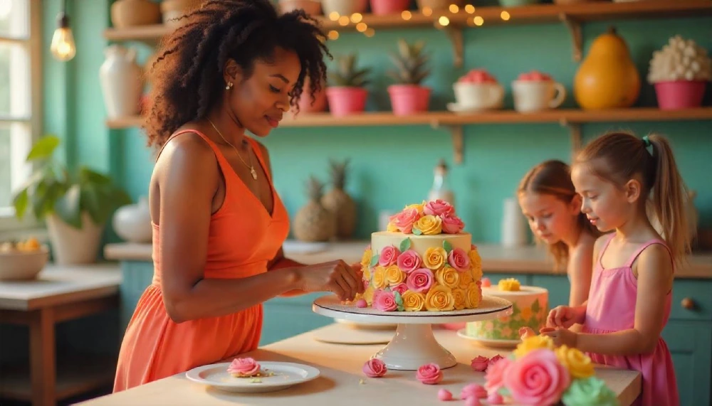 A vibrant cake design workspace inspired by Cake Decorating Central, showcasing tools, frosting techniques, and colorful decorated cakes in progress.
