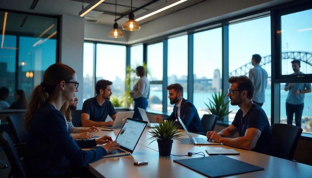 A professional team at Aelftech providing digital marketing services in Australia, collaborating on SEO and PPC strategies in a modern office setting.
