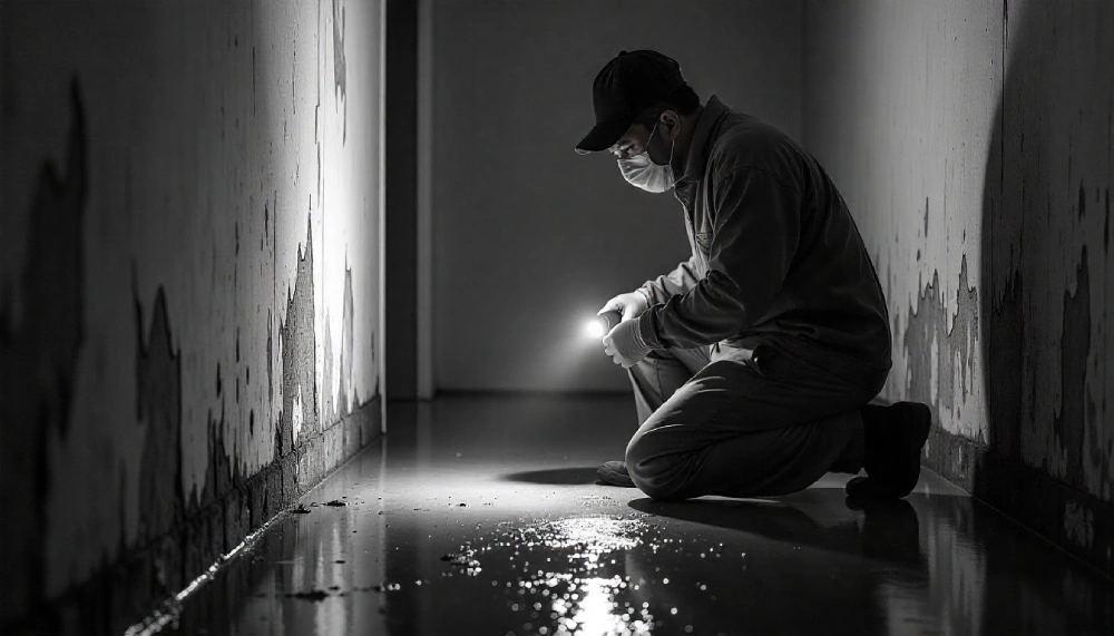 Man in protective gear using a flashlight to examine water-damaged walls and floors in a dark hallway.