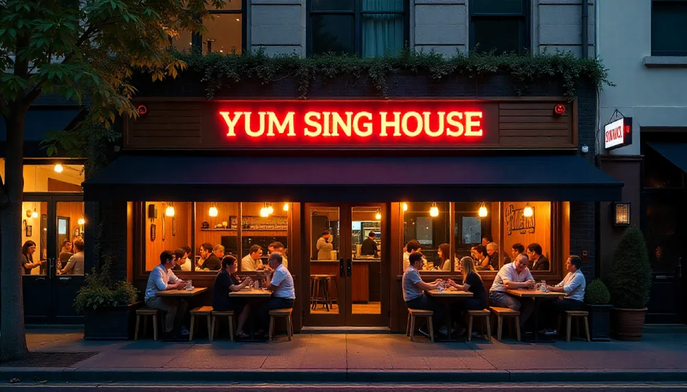 Exterior view of Yum Sing House with cozy lighting and welcoming entrance, showcasing the restaurant’s inviting vibe and charm as featured in the article.