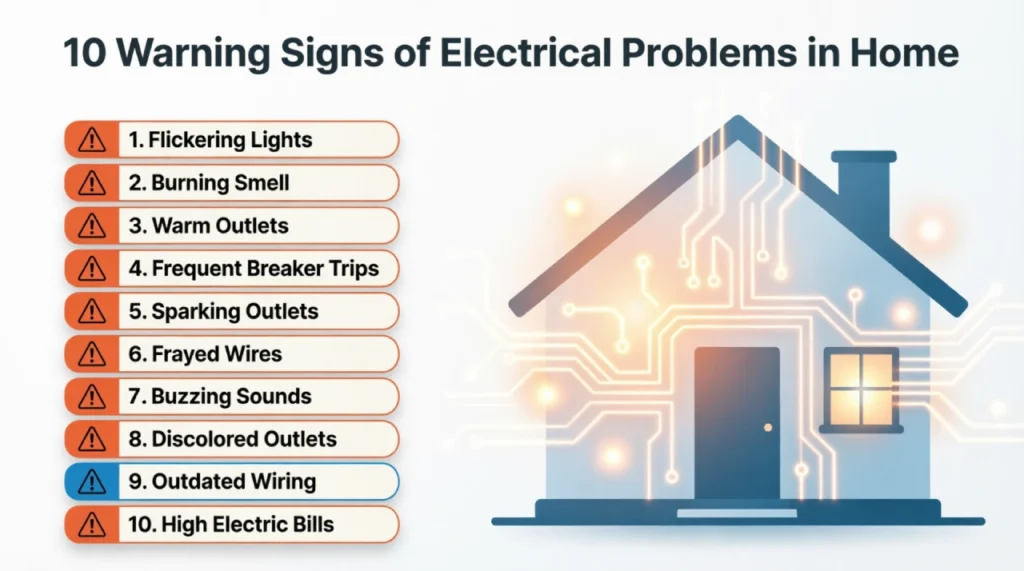 10 Warning Signs of Electrical Problems in Your Home This comprehensive infographic highlights the 10 most common warning signs that indicate electrical problems in residential homes. The visual features a modern house illustration with glowing circuit board patterns representing electrical wiring systems.