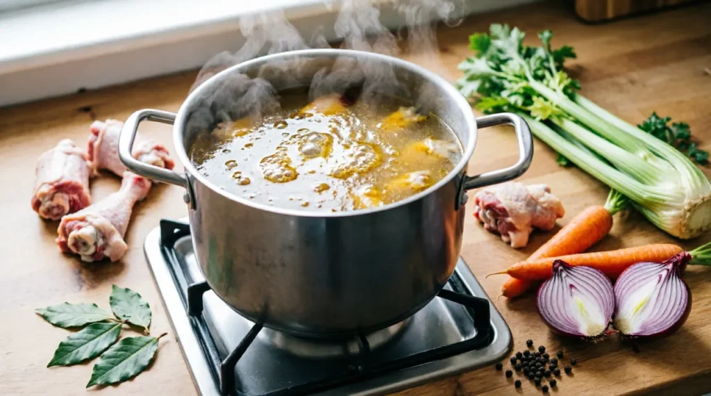 Homemade soup stock simmering in a stockpot surrounded by fresh vegetables and bones