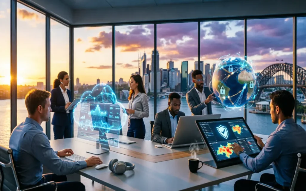 Sydney IT company concept showing technology professionals with digital cloud and cybersecurity network
