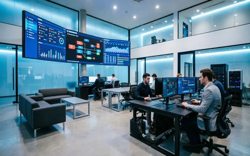 IT professionals monitoring cloud systems and cybersecurity dashboards in a control room