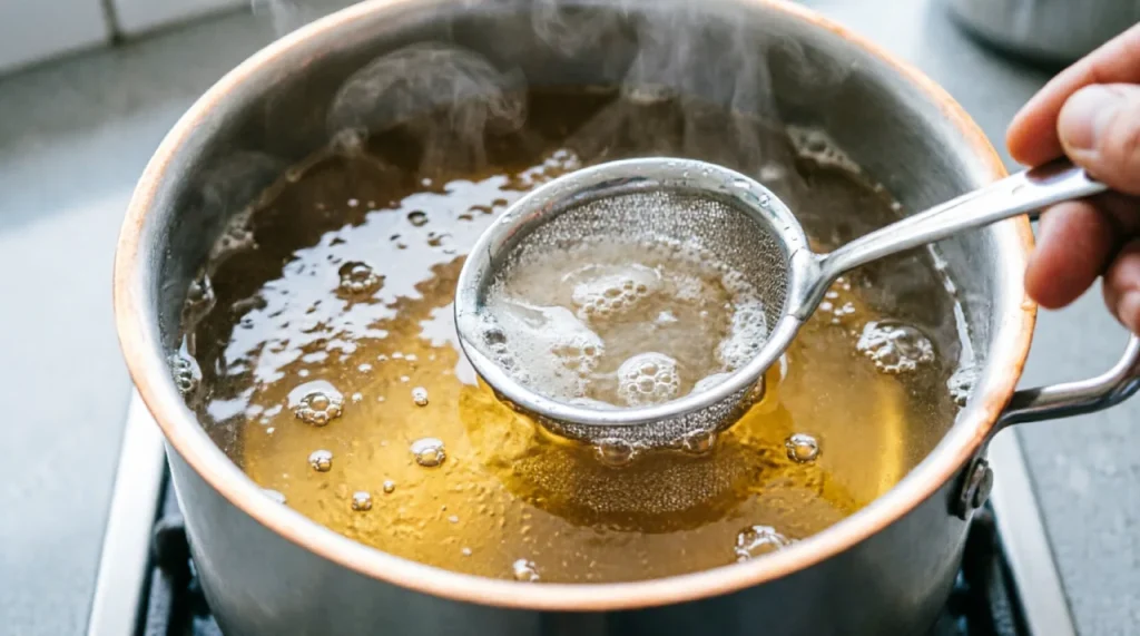 Skimming foam from simmering soup stock with a mesh skimmer