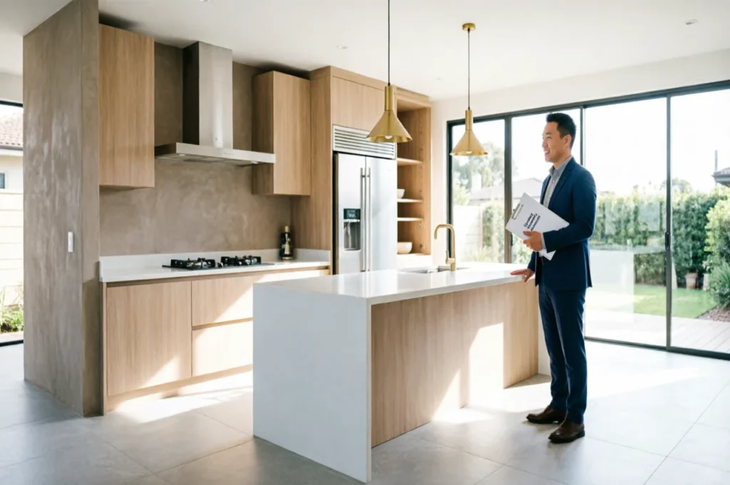 What to Renovate Before You Sell: A Sydney Buyer’s Agent Reveals What Actually Moves the Needle Real estate agent inspecting a modern renovated kitchen with a large island, wood cabinetry, and bright natural lighting in a Sydney home.