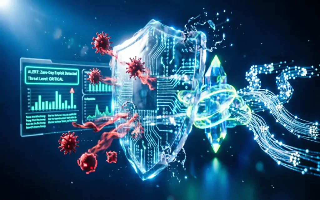 Digital cybersecurity shield protecting business data from cyber threats