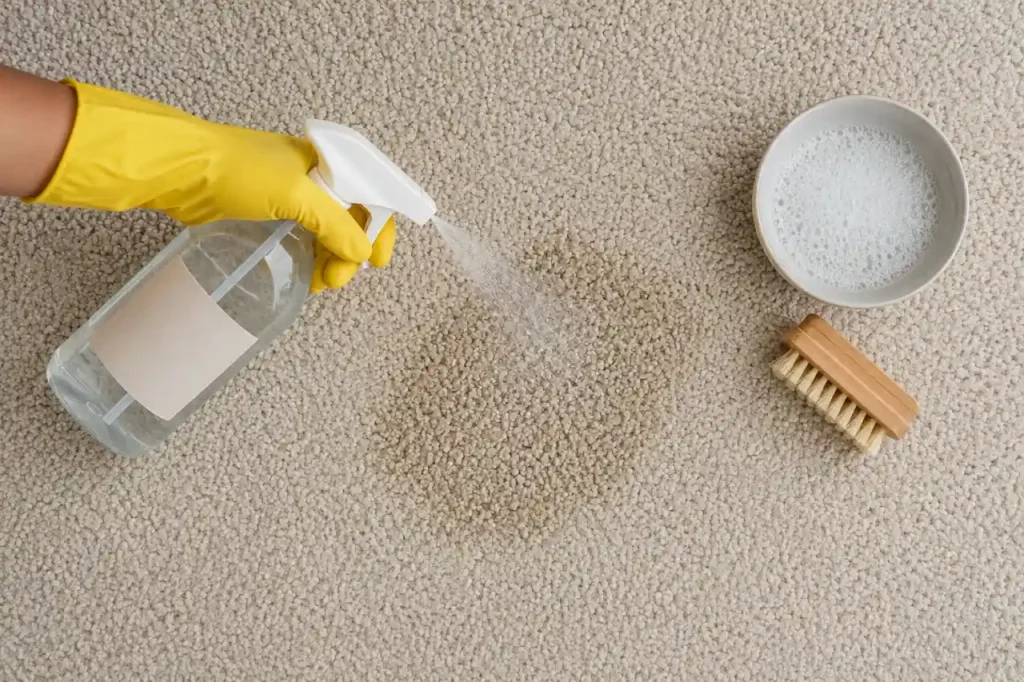 Spray bottle applying enzyme cleaning solution onto carpet stain
