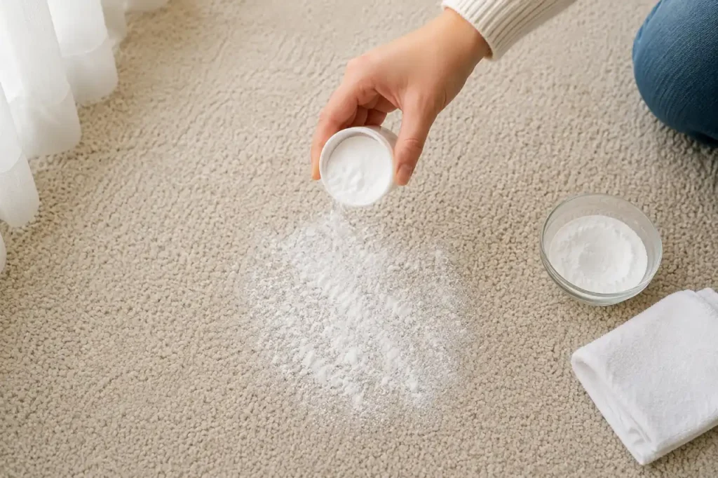 Baking soda being sprinkled on carpet to remove lingering odour