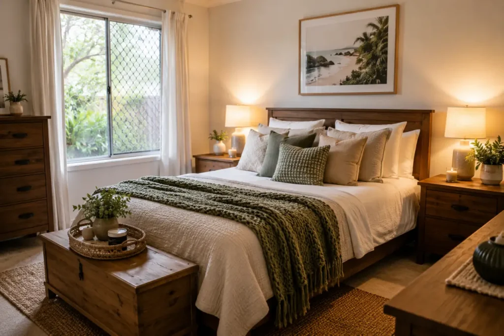 Budget-friendly bedroom styling using existing furniture and new soft furnishings
