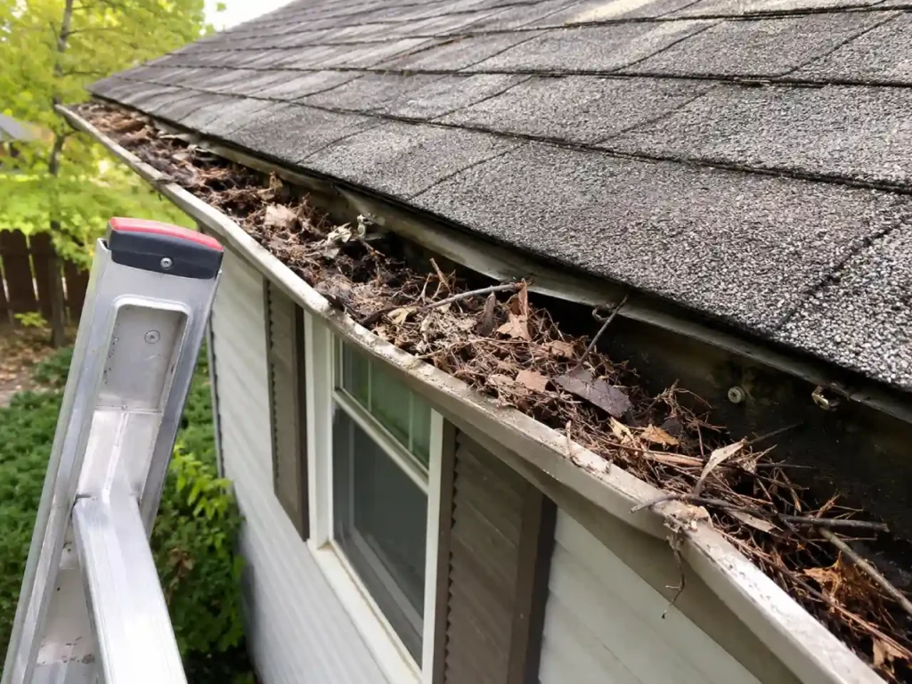 Clogged gutter full of leaves and debris before rain