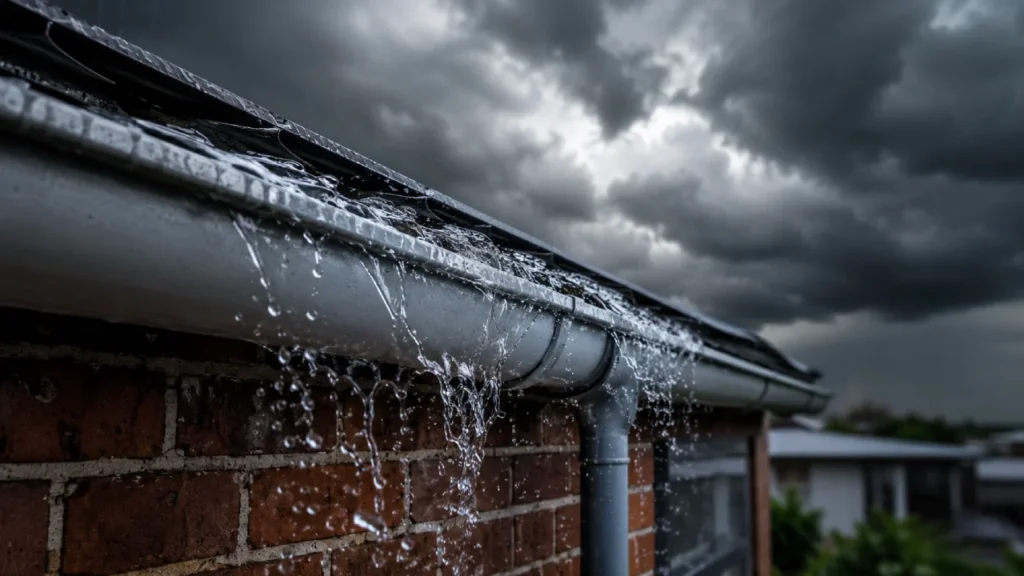Overflowing rain gutter during a storm before cleaning