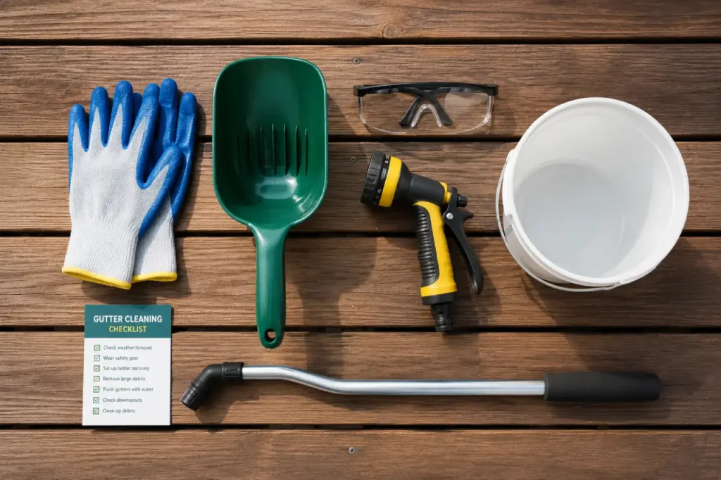 Gutter cleaning tools including gloves, scoop, and hose nozzle
