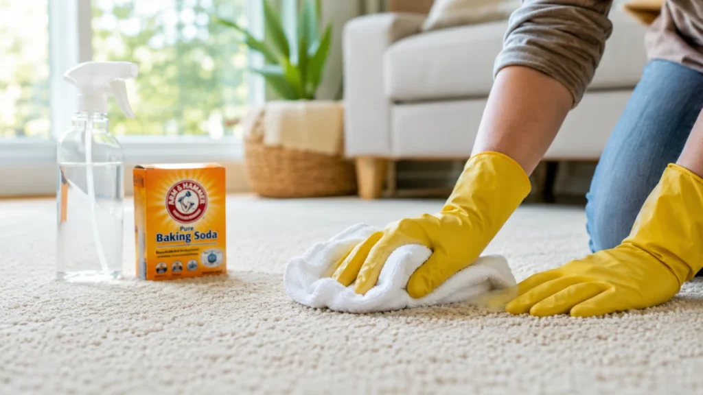Hands in rubber gloves blotting carpet with cloth during vomit stain cleanup
