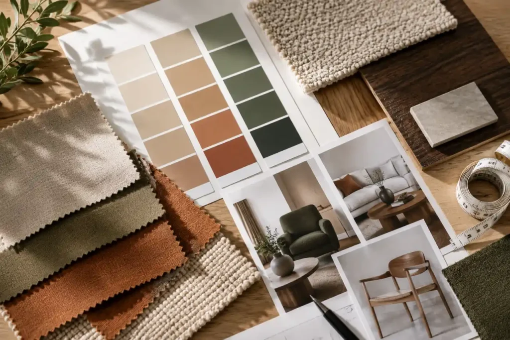 Interior decorator moodboard with fabric swatches and paint colour samples