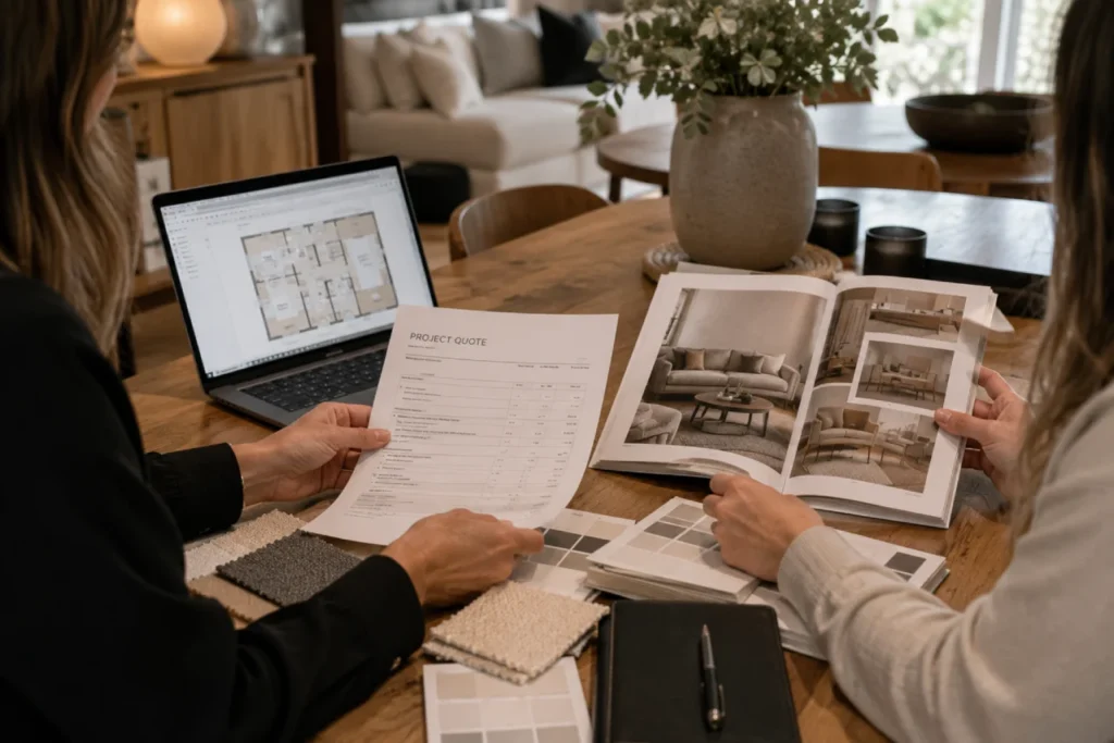 Interior decorator reviewing project quote and furniture options with client