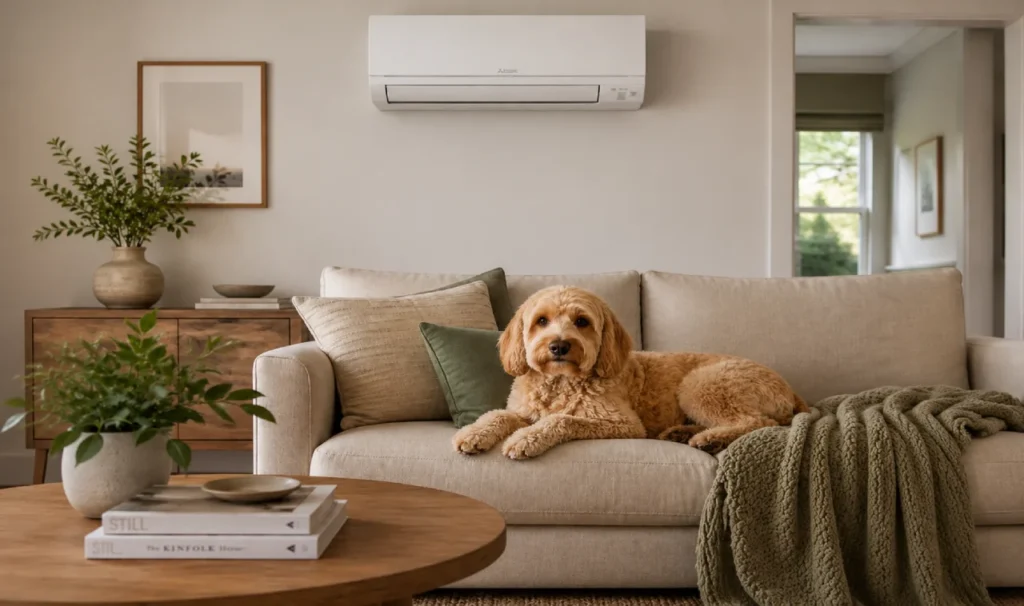 Modern Melbourne living room with a reverse cycle air conditioning system mounted above a sofa, providing efficient heating and cooling for year-round comfort.