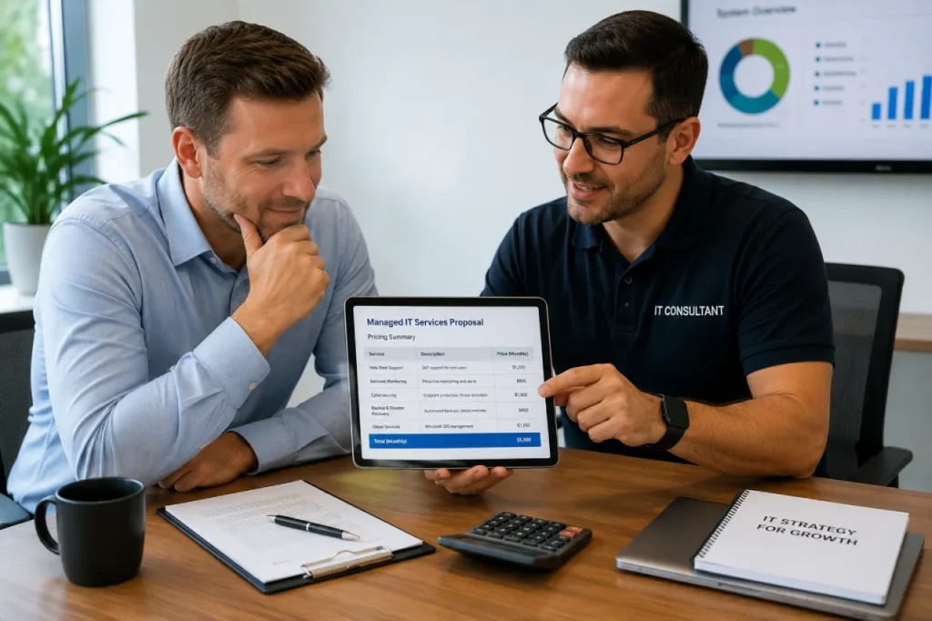 Business owner discussing managed IT service pricing with a consultant