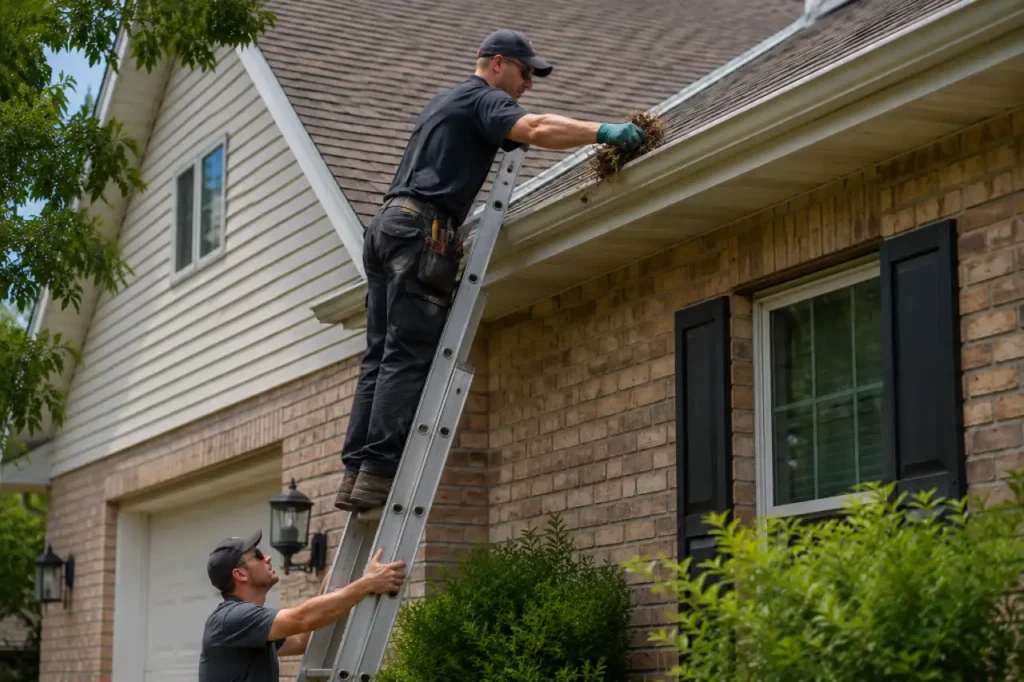 Professional gutter cleaner on ladder clearing debris
