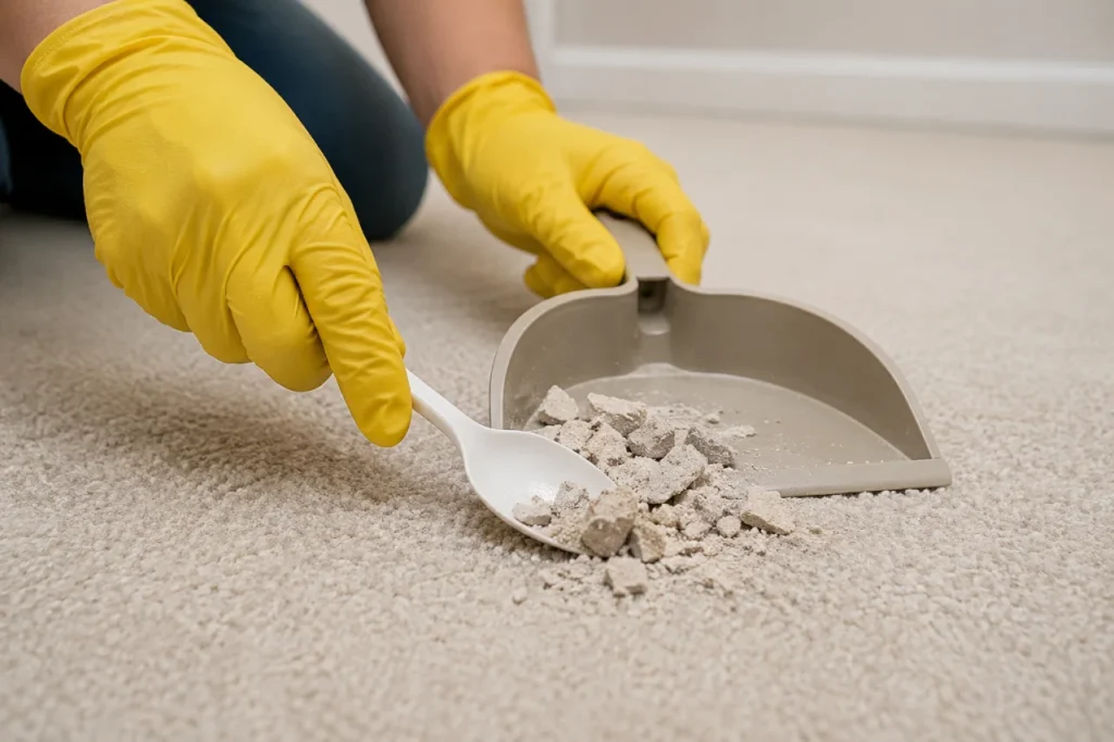 Gloved hand scraping solid residue off carpet with a spoon and dustpan