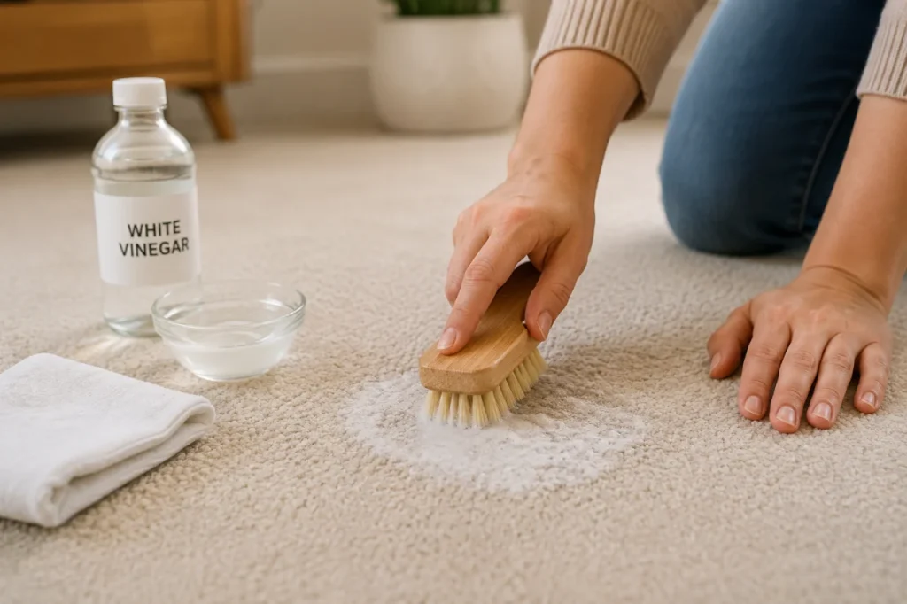 Hand using soft brush to treat dried stain on carpet with vinegar solution