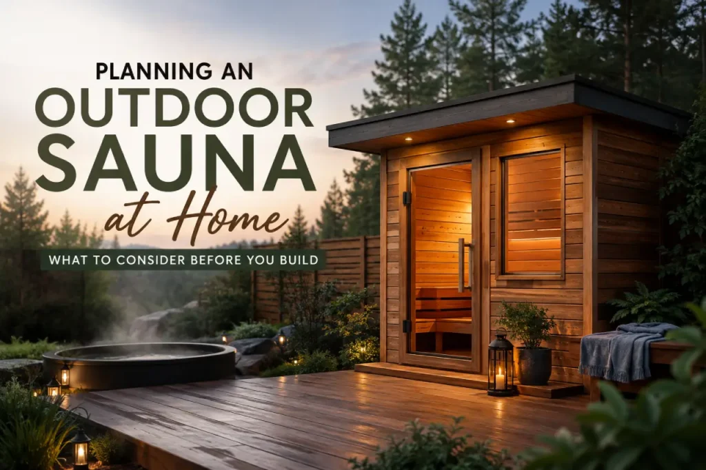 Wooden outdoor sauna at home on a landscaped backyard deck