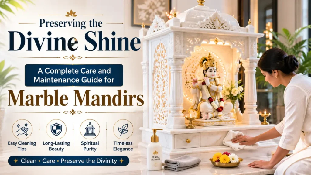 White marble mandir with golden accents, diya, and traditional decor representing proper care and maintenance