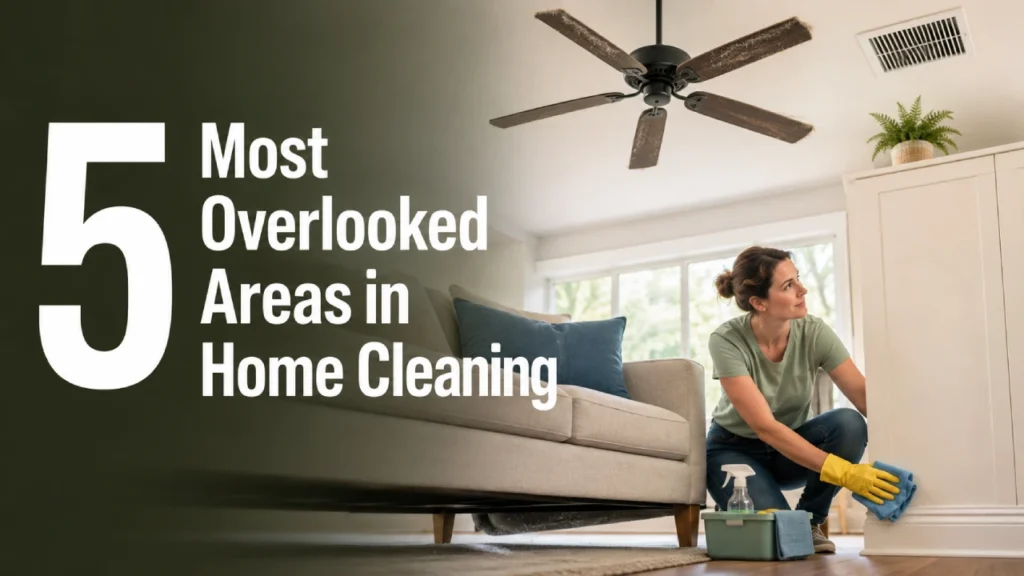 Woman cleaning overlooked areas in a home, including baseboards, under furniture, ceiling fan blades, vents, and cabinet tops.