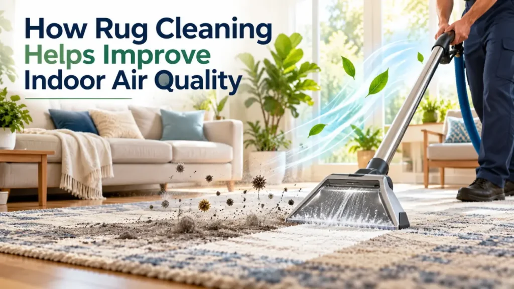 How Rug Cleaning Helps Improve Indoor Air Quality Professional rug cleaning removes dust, dirt, and allergens from an area rug, helping improve indoor air quality in a clean, healthy living room.